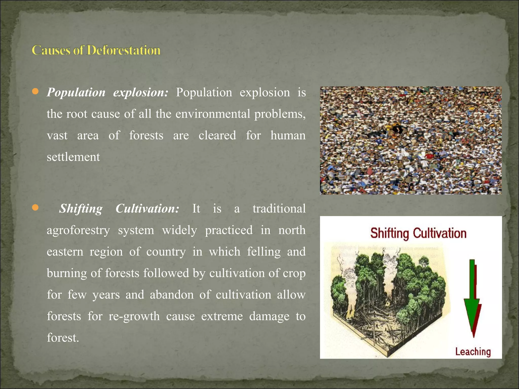  Population explosion: Population explosion is
the root cause of all the environmental problems,
vast area of forests are cleared for human
settlement
 Shifting Cultivation: It is a traditional
agroforestry system widely practiced in north
eastern region of country in which felling and
burning of forests followed by cultivation of crop
for few years and abandon of cultivation allow
forests for re-growth cause extreme damage to
forest.
 