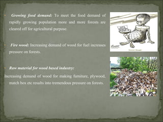 • Growing food demand: To meet the food demand of
rapidly growing population more and more forests are
cleared off for agricultural purpose.
• Fire wood: Increasing demand of wood for fuel increases
pressure on forests.
• Raw material for wood based industry:
Increasing demand of wood for making furniture, plywood,
match box etc results into tremendous pressure on forests.
 