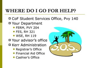 WHERE DO I GO FOR HELP? CoF Student Services Office, Pvy 140 Your Department FERM, PVY 204 FES, RH 321 WSE, RH 119 Your advisor’s office Kerr Administration Registrar’s Office Financial Aid Office Cashier’s Office 