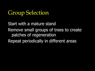 Group Selection Start with a mature stand Remove small groups of trees to create patches of regeneration Repeat periodically in different areas 