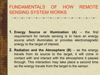 FUNDAMENTALS OF HOW REMOTE
SENSING SYSTEM WORKS
1. Energy Source or Illumination (A) – the first
requirement for remote sensing is to have an energy
source which illuminates or provides electromagnetic
energy to the target of interest.
2. Radiation and the Atmosphere (B) – as the energy
travels from its source to the target, it will come in
contact with and interact with the atmosphere it passes
through. This interaction may take place a second time
as the energy travels from the target to the sensor.
 