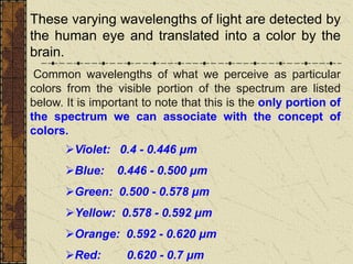 These varying wavelengths of light are detected by
the human eye and translated into a color by the
brain.
Common wavelengths of what we perceive as particular
colors from the visible portion of the spectrum are listed
below. It is important to note that this is the only portion of
the spectrum we can associate with the concept of
colors.
➢Violet: 0.4 - 0.446 μm
➢Blue: 0.446 - 0.500 μm
➢Green: 0.500 - 0.578 μm
➢Yellow: 0.578 - 0.592 μm
➢Orange: 0.592 - 0.620 μm
➢Red: 0.620 - 0.7 μm
 