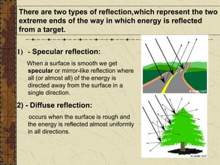 There are two types of reflection,which represent the two
extreme ends of the way in which energy is reflected
from a target.
1) - Specular reflection:
When a surface is smooth we get
specular or mirror-like reflection where
all (or almost all) of the energy is
directed away from the surface in a
single direction.
2) - Diffuse reflection:
occurs when the surface is rough and
the energy is reflected almost uniformly
in all directions.
 