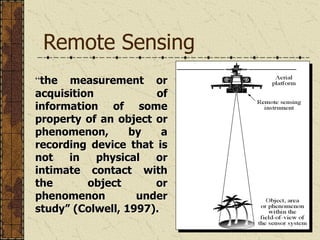Remote Sensing
“the measurement or
acquisition of
information of some
property of an object or
phenomenon, by a
recording device that is
not in physical or
intimate contact with
the object or
phenomenon under
study” (Colwell, 1997).
 