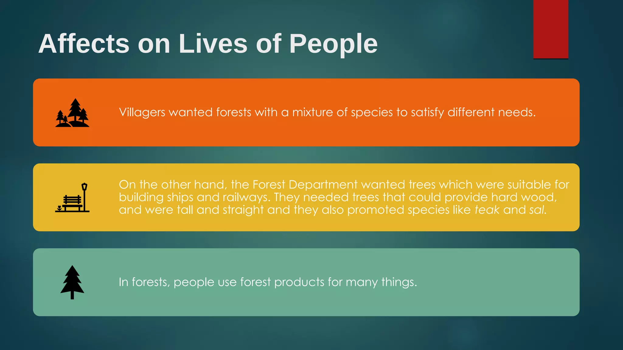 Affects on Lives of People
Villagers wanted forests with a mixture of species to satisfy different needs.
On the other hand, the Forest Department wanted trees which were suitable for
building ships and railways. They needed trees that could provide hard wood,
and were tall and straight and they also promoted species like teak and sal.
In forests, people use forest products for many things.
 