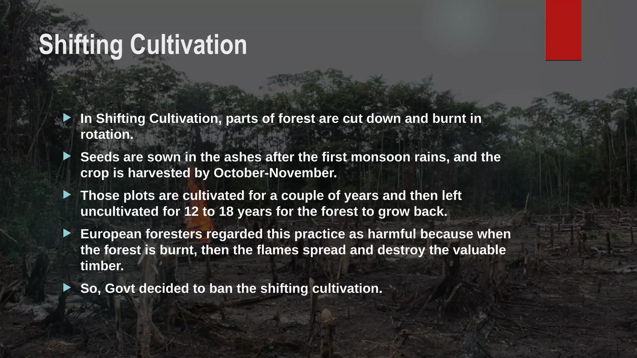 Shifting Cultivation
 In Shifting Cultivation, parts of forest are cut down and burnt in
rotation.
 Seeds are sown in the ashes after the first monsoon rains, and the
crop is harvested by October-November.
 Those plots are cultivated for a couple of years and then left
uncultivated for 12 to 18 years for the forest to grow back.
 European foresters regarded this practice as harmful because when
the forest is burnt, then the flames spread and destroy the valuable
timber.
 So, Govt decided to ban the shifting cultivation.
 