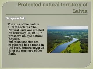 The area of the Park is
12 969 hectares.The
Natural Park was created
on February 25, 1990, to
preserve unique natural
objects.
696 plant species are
registered to be found in
the Park. Forests cover 38
% of the territory of the
Park.
 