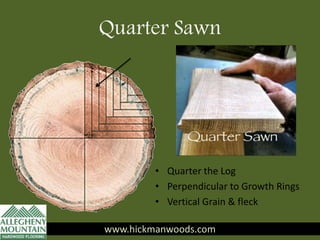 Quarter Sawn
www.hickmanwoods.com
• Quarter the Log
• Perpendicular to Growth Rings
• Vertical Grain & fleck
www.hickmanwoods.com
 