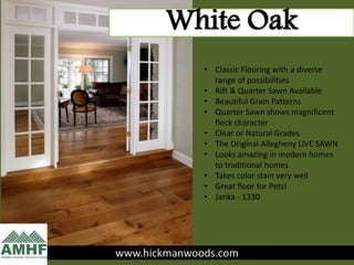 www.hickmanwoods.com
White Oak
• Classic Flooring with a diverse
range of possibilities
• Rift & Quarter Sawn Available
• Beautiful Grain Patterns
• Quarter Sawn shows magnificent
fleck character
• Clear or Natural Grades
• The Original Allegheny LIVE SAWN
• Looks amazing in modern homes
to traditional homes
• Takes color stain very well
• Great floor for Pets!
• Janka - 1330
 