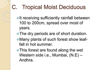 C. Tropical Moist Deciduous
It receiving sufficiently rainfall between
100 to 200cm, spread over most of
years.
The dry periods are of short duration.
Many plants of such forest show leaf-
fall in hot summer.
This forest are found along the wet
Western side i.e., Mumbai, (N.E) –
Andhra.
 