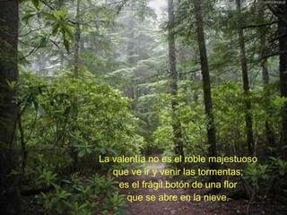 La valentía no es el roble majestuoso que ve ir y venir las tormentas; es el frágil botón de una flor que se abre en la nieve. 