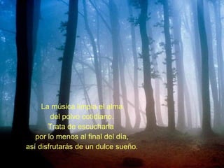 La música limpia el alma del polvo cotidiano. Trata de escucharla  por lo menos al final del día, así disfrutarás de un dulce sueño. 
