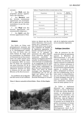 LLee ddoossssiieerr
suivants :
Les Mulk sont des
propriétés privées apparte-
nant à des individus ;
Les Macha’a sont
des terrains communaux
appartenant aux municipali-
tés et gérés par les conseils
municipaux ou par des com-
missions ;
Les Waqf sont des
terrains appartenant aux
communautés religieuses ;
Les Amiri, sont des
terrains appartenant à l’état.
Menaces
Les forêts au Liban sont
principalement menacées par
le déboisement, le surpâturage
et le développement urbain.
Les feux de forêts sont un
autre facteur de risque pour
ces écosystèmes. La fréquence
et l’intensité de ces feux consti-
tuent une réelle menace pour
la pérennité des forêts. Ainsi,
en septembre 2007, les incen-
dies de forêts ont occasionné
une perte d’environ 2% de la
couverture forestière nationale
(Statistical Analysis for Fires
in Lebanon for the year 2007,
Ministry of the Environment).
Les problèmes de la dégrada-
tion des terres et de la défores-
tation ne datent pas des der-
nières décennies, c’est un pro-
cessus qui a commencé il y a
plus d’un siècle et qui se pour-
suit. L’absence de contrôle et
de législation appropriée, les
besoins croissants de la popu-
lation et le manque de
conscience des effets négatifs
d’une mauvaise gestion des
ressources naturelles ont
abouti à la situation alarmante
actuelle. La déforestation, sou-
vent suivie par un surpâturage
et un compactage du sol, peut
être considérée comme la prin-
cipale cause anthropique de
perte des eaux souterraines au
Liban. Les zones de haute
montagne très dégradées se
caractérisent par un sol peu
épais qui alterne avec des
affleurements rocheux. La
diversité floristique et structu-
rale de la végétation naturelle
est en constante régression.
Politique forestière
Afin de préserver les élé-
ments de valeur du patrimoine
naturel, le Ministère de
l’Environnement a pris des
mesures concrètes en créant
un système de protection des
espaces naturels en conformité
avec les critères nationaux et
internationaux ainsi qu’avec
les conventions internationales
signées et ratifiées par le
Liban, notamment la Conven-
tion sur la Biodiversité, sur la
lutte contre la désertification,
etc. A ce jour, le Liban compte
12 forêts protégées ainsi que 8
réserves naturelles, dont 5
sont constituées essentielle-
ment de forêts (photos 3 et 4).
Le Liban a également
démontré son engagement
politique en faveur des forêts
au cours des quinze dernières
années en promulguant de
nouvelles lois forestières. Les
forêts sont gérées par deux
Ministères : celui de l’Agricul-
ture et celui l’Environnement.
Le premier est en charge de la
gestion économique en termes
de ressources végétales. Un
Département pour le
Développement rural et les
Ressources naturelles existe à
...
Tableau 2 : Propriété des forêts et terrains boisés au Liban
Forêt (ha)
Espaces
boisés (ha)
84 183 86 702
53 799 14 956
38 189
13 938
1 672
1 394 6 720
139 376 108 378
Source : National forest and tree resources assessment 2003-05 FAO, (TCP/LEB/2903)
Propriétaire
Privé
Public
Etat
Municipalité
Communauté
Inconnu
Total
Photo 3 : Réserve naturelle de Horsh Ehden - Photo : M. Bou Dagher
...
 