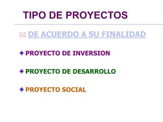 TIPO DE PROYECTOS
 DE ACUERDO A SU FINALIDAD
PROYECTO DE INVERSION
PROYECTO DE DESARROLLO
PROYECTO SOCIAL
 