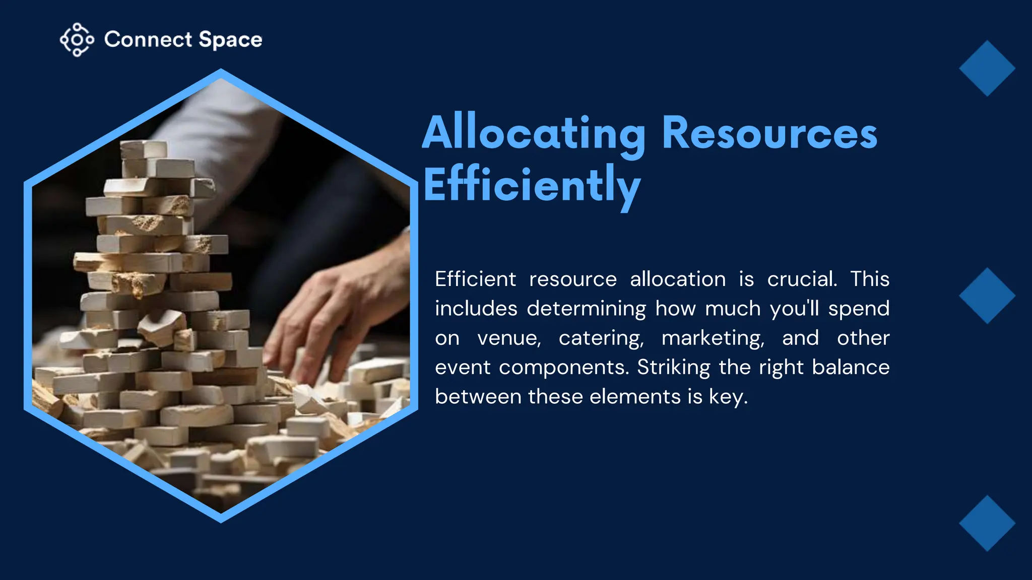 Efficient resource allocation is crucial. This
includes determining how much you'll spend
on venue, catering, marketing, and other
event components. Striking the right balance
between these elements is key.
 
