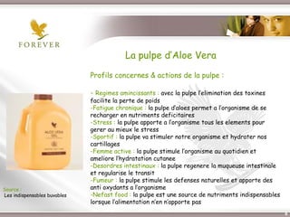 La pulpe d’Aloe Vera
                              Profils concernes & actions de la pulpe :

                              - Regimes amincissants : avec la pulpe l’elimination des toxines
                              facilite la perte de poids
                              -Fatigue chronique : la pulpe d’aloes permet a l’organisme de se
                              recharger en nutriments deficitaires
                              -Stress : la pulpe apporte a l’organisme tous les elements pour
                              gerer au mieux le stress
                              -Sportif : la pulpe va stimuler notre organisme et hydrater nos
                              cartillages
                              -Femme active : la pulpe stimule l’organisme au quotidien et
                              ameliore l’hydratation cutanee
                              -Desordres intestinaux : la pulpe regenere la muqueuse intestinale
                              et regularise le transit
                              -Fumeur : la pulpe stimule les defenses naturelles et apporte des
Source :                      anti oxydants a l’organisme
Les indispensables buvables   -Nefast food : la pulpe est une source de nutriments indispensables
                              lorsque l’alimentation n’en n’apporte pas
                                 Présentation de l’Opportunité d’Affaire                            8
 