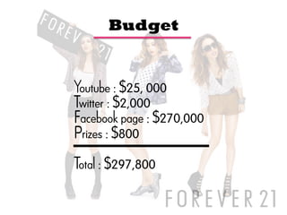 Budget


Youtube : $25, 000
Twitter : $2,000
Facebook page : $270,000
Prizes : $800

Total : $297,800
 