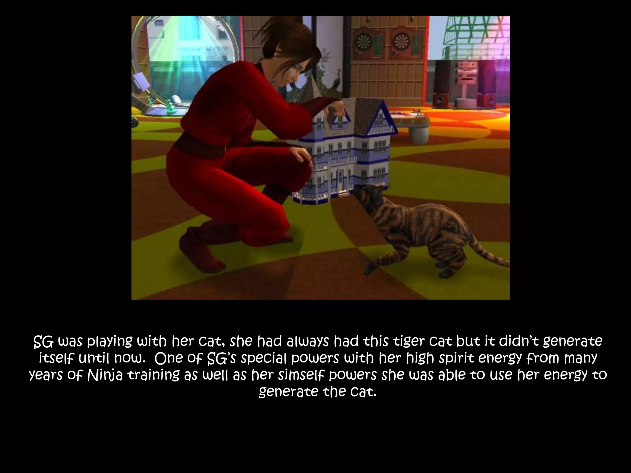 SG was playing with her cat, she had always had this tiger cat but it didn’t generate itself until now.  One of SG’s special powers with her high spirit energy from many years of Ninja training as well as her simself powers she was able to use her energy to generate the cat. 