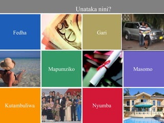 NyumbaKutambuliwa
Mapumziko Masomo
GariFedha
Unataka nini?
 