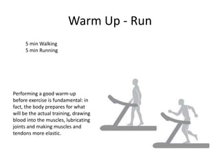 Warm Up - Run
5 min Walking
5 min Running
Performing a good warm-up
before exercise is fundamental: in
fact, the body prepares for what
will be the actual training, drawing
blood into the muscles, lubricating
joints and making muscles and
tendons more elastic.