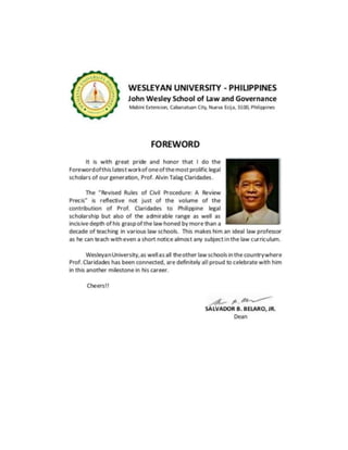 Foreword by Dean Salvador Belaro Jr. on the Book "Revised Rules of Civil Procedure: A Review Precis" by Atty. Alvin T. Claridades 