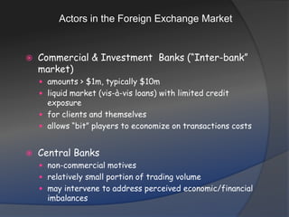 Actors in the Foreign Exchange MarketCommercial & Investment  Banks (“Inter-bank” market)amounts > $1m, typically $10mliquid market (vis-à-vis loans) with limited credit exposurefor clients and themselvesallows “bit” players to economize on transactions costsCentral Banksnon-commercial motivesrelatively small portion of trading volumemay intervene to address perceived economic/financial imbalances