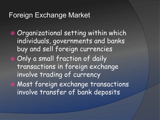 Foreign Exchange MarketOrganizational setting within which individuals, governments and banks buy and sell foreign currenciesOnly a small fraction of daily transactions in foreign exchange involve trading of currencyMost foreign exchange transactions involve transfer of bank deposits