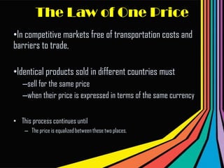 Forward Exchange Rate: Two parties agree to exchange currencies on a specific future date @ predetermined exchange rate.US co. imports laptops from IndiaMust pay in 30 days on the arrival of the shipmentCost : Rs70,000 at $1=Rs50  ex. Rate70,000/50 = $ 1400 / laptopHe can sell at $1600 $1400-$1600 = $200 / laptop profitHe doesn’t have money to pay Until he sells the laptopWhat If $ depreciates in next 30 days ?$1 = Rs42US co still have to pay Rs70,000/laptopNow  cost: 70,000/42= $1,667He sell at $1600$1667-1600 = $ -67 loss
