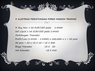  ILUSTRASI PERHITUNGAN FOREX MARGIN TRADING
 Buy New 1 lot EUR/USD pada 1.4400
Sell Liquid 1 lot EUR/USD pada 1.4450
Perhitungan Transaksi:
Profit/Loss (1.4450 - 1.4400) x 100,000 x 1 = 50 poin
50 poin = 50 x US $ 10 = US $ 500
Biaya Transaksi US $ 50
Net transaksi US $ 450
 