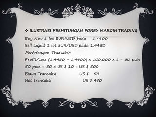 ILUSTRASI PERHITUNGAN FOREX MARGIN TRADING
Buy New 1 lot EUR/USD pada 1.4400
Sell Liquid 1 lot EUR/USD pada 1.4450
Perhitungan Transaksi:
Profit/Loss (1.4450 - 1.4400) x 100,000 x 1 = 50 poin
50 poin = 50 x US $ 10 = US $ 500
Biaya Transaksi US $ 50
Net transaksi US $ 450
 