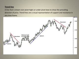 Trend line
A line that is drawn over pivot highs or under pivot lows to show the prevailing
direction of price. Trend lines are a visual representation of support and resistance in
any time frame.
 