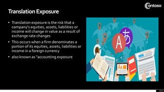• Translation exposure is the risk that a
company's equities, assets, liabilities or
income will change in value as a result of
exchange rate changes
• This occurs when a firm denominates a
portion of its equities, assets, liabilities or
income in a foreign currency
• also known as "accounting exposure
page 4
TranslationExposure
 
