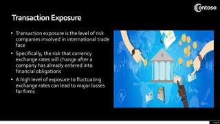 • Transaction exposure is the level of risk
companies involved in international trade
face
• Specifically, the risk that currency
exchange rates will change after a
company has already entered into
financial obligations
• A high level of exposure to fluctuating
exchange rates can lead to major losses
for firms
page 6
TransactionExposure
 