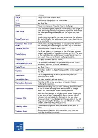Value D                    efinition

TIBOR                     Tokyo Inter-bank Offered Rate.
Tick                      A minimum change in price, up or down.
Ticket                    See Deal Slip
TIFFE                     Tokyo International Financial Futures Exchange.
                          That part of an option premium which reflects the length of
                          time remaining in the option prior to expiration. The longer
Time Value
                          the time remaining until expiration, the higher the time
                          value.
                          Simultaneous buying of a currency for delivery the following
Today/Tomorrow            day and selling for the spot day, or vice versa. Also referred
                          to as overnight.
Tomorrow Next (Tom        Simultaneous buying and selling of a currency for delivery
next)                     the following day and selling for the next day or vice versa.
Tradable Amount           Smallest transaction size acceptable.
                          The Trade Balance is a measure of the difference between
                          imports and exports of tangible good and services. The level
Trade Balance
                          of the trade balance, and changes in exports and imports,
                          are widely followed by foreign exchange markets.
Trade Date                The date on which a trade occurs.
                          The difference between the value of imports and exports,
Trade Deficit/Surplus
                          often only reported in visible trade terms.
Trade Ticket              See Deal Ticket.
                          (French) A portion of. Specifically used for borrowings from
Tranche
                          the IMF.
                          The buying or selling of securities resulting from the
Transaction
                          execution of an order.
Transaction Date          The date on which a trade occurs.
                          Potential profit or loss generated by current foreign
Transaction Exposure
                          exchange transactions.
                          When consolidating into the base currency, the calculation
Translation Loss/Profit   of loss or profit resulting from the valuation of foreign
                          assets and liabilities for balance sheet purposes.
                          Short-term obligations of a Government issued for periods
                          of one year or less. Treasury bills do not carry a rate of
                          interest, but are issued at a discount on the par value.
Treasury Bills
                          Treasury bills are repaid at par on the due date. In the UK
                          they are normally for 91 days, and are offered at weekly
                          tenders. In the US they are auctioned.
                          Government obligations with maturities of ten years or
Treasury Bonds
                          more.
                          Government obligations with maturities more than one
Treasury Notes
                          year, but less than ten years.




                                                                                   110 of 110
 