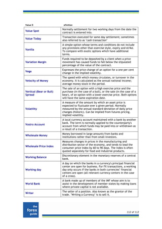 Value D                    efinition

                          Normally settlement for two working days from the date the
Value Spot
                          contract is entered into.
                          Transaction executed for same day settlement; sometimes
Value Today
                          also referred to as "cash transaction"
                          A simple option whose terms and conditions do not include
                          any provisions other than exercise style, expiry and strike.
Vanilla
                          To compare with exotic options which have additional
                          terms.
                          Funds required to be deposited by a client when a price
Variation Margin          movement has caused funds to fall below the stipulated
                          percentage of the value of the contract.
                          Expresses the price change of an option for a one per cent
Vega
                          change in the implied volatility.
                          The speed with which money circulates, or turnover in the
Velocity of Money         economy. It is calculated as the annual national income;
                          average money stock in the period.
                          The sale of an option with a high exercise price and the
Vertical (Bear or Bull)   purchase (in the case of a bull), or the sale (in the case of a
Spread                    bear), of an option with a lower exercise price. Both options
                          will have the same expiration date.
                          A measure of the amount by which an asset price is
                          expected to fluctuate over a given period. Normally
Volatility                measured by the annual standard deviation of daily price
                          changes (historic). Can be implied from futures pricing,
                          implied volatility.
                          A local currency account maintained with a bank by another
                          bank. The term is normally applied to the counterparty's
Vostro Account
                          account from which funds may be paid into or withdrawn as
                          a result of a transaction.
                          Money borrowed in large amounts from banks and
Wholesale Money
                          institutions rather than from small investors.
                          Measures changes in prices in the manufacturing and
                          distribution sector of the economy, and tends to lead the
Wholesale Price Index
                          consumer price index by 60 to 90 days. The index is often
                          quoted separately for food and industrial products.
                          Discretionary element in the monetary reserves of a central
Working Balance
                          bank.
                          A day on which the banks in a currency's principal financial
                          center are open for business. For FX transactions, a working
Working day               day only occurs if the banks in both currencies’ financial
                          centers are open (all relevant currency centers in the case
                          of a cross).
                          A bank made up of members of the IMF whose aim is to
World Bank                assist in the development of member states by making loans
                          where private capital is not available.
                          The seller of a position. Also known as the grantor of the
Writer
                          trade. "Writing a Currency" is to sell it.




                                                                                112 of 112
 