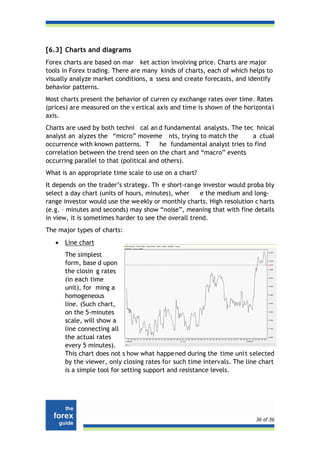 [6.3] Charts and diagrams
Forex charts are based on mar ket action involving price. Charts are major
tools in Forex trading. There are many kinds of charts, each of which helps to
visually analyze market conditions, a ssess and create forecasts, and identify
behavior patterns.
Most charts present the behavior of curren cy exchange rates over time. Rates
(prices) are measured on the v ertical axis and time is shown of the horizonta l
axis.
Charts are used by both techni cal an d fundamental analysts. The tec hnical
analyst an alyzes the “micro” moveme nts, trying to match the           a ctual
occurrence with known patterns. T        he fundamental analyst tries to find
correlation between the trend seen on the chart and “macro” events
occurring parallel to that (political and others).
What is an appropriate time scale to use on a chart?
It depends on the trader’s strategy. Th e short-range investor would proba bly
select a day chart (units of hours, minutes), wher    e the medium and long-
range investor would use the we ekly or monthly charts. High resolution c harts
(e.g. – minutes and seconds) may show “noise”, meaning that with fine details
in view, it is sometimes harder to see the overall trend.
The major types of charts:
   •   Line chart
       The simplest
       form, base d upon
       the closin g rates
       (in each time
       unit), for ming a
       homogeneous
       line. (Such chart,
       on the 5-minutes
       scale, will show a
       line connecting all
       the actual rates
       every 5 minutes).
       This chart does not s how what happe ned during the time uni t selected
       by the viewer, only closing rates for such time intervals. The line chart
       is a simple tool for setting support and resistance levels.




                                                                         36 of 36
 