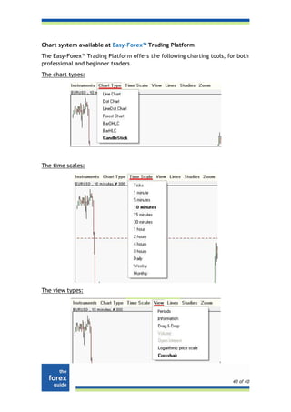 Chart system available at Easy-Forex™ Trading Platform
The Easy-Forex™ Trading Platform offers the following charting tools, for both
professional and beginner traders.
The chart types:




The time scales:




The view types:




                                                                        40 of 40
 