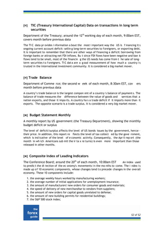 [H]   TIC (Treasury International Capital) Data on transactions in long term
      securities
Department of the Treasury; around the 12th working day of each month, 9:00am EST,
covers month before previous data
The TI C data pr ovides i nformation a bout the most i mportant way the US is f inancing it s
ongoing current account deficit: sellin g long-term securities to foreigners, or exporting debt.
It is important to remember that there are other ways of financing a deficit: borrowing from
foreign banks or attracting net FDI inflows. Bu t since FDI flows have been negative and ban k
flows tend to be small, most of the financin g the US needs has come from t he sale of long-
term securities t o f oreigners. TI C dat a are a g ood measurement of how much a country i s
trusted in the international investment community. It is considered a big market mover.



[H] Trade Balance

Department of Comme rce; the second w eek of each month, 8:30am EST, cov                    ers
month before previous data
A country’s trade balan ce is the largest compon ent of a country 's balance of payment s. The
balance of trade measures the difference between the value of goods and services that a
nation exports, and those it impo rts. A country ha s a trade deficit if it imports more than it
exports. The opposite scenario is a trade surplus. It is considered a very big market mover.



[M] Budget Statement Monthly

A monthly report by US government (the Treasury Department), showing the monthly
budget deficit or surplus
The level of deficit/surplus affects the level of US bonds issues by the government, hence –
their price. In addition, this report re flects the level of tax collect ed by the gove rnment,
which is ind icative of the level of e conomic activity. Consequently, the Apr il rep ort (the
month in wh ich Americans sub mit the ir ta x re turns) is even more important than those
released in other months.



[M] Composite Index of Leading Indicators

The Conference Board; around the 20th of each month, 10:00am EST              An index used
to predic t the di rection of the ec onomy's movements i n the mo nths to come. The i ndex i s
made up o f 10 economic components, whose changes tend t o precede changes in the overall
economy. These 10 components include:
  1. the average weekly hours worked by manufacturing workers;
  2. the average number of initial applications for unemployment insurance;
  3. the amount of manufacturers' new orders for consumer goods and materials;
  4. the speed of delivery of new merchandise to vendors from suppliers;
  5. the amount of new orders for capital goods unrelated to defense;
  6. the amount of new building permits for residential buildings;
  7. the S&P 500 stock index;




                                                                                        52 of 52
 