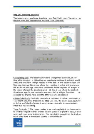 Step (4): Modifying your deal
This is where you can change Stop-Loss and Take Profit rates. You can al so
test out profit and loss scenarios with the Trade Controller.




Change St op-Loss: The trader is allowed to change their Stop-Loss, at any
time while the deal i s still acti ve. As previously mentione d, doing so would
affect the amount of margin needed fo r the deal. If the trader changes the
Stop-Loss downward (in a case where the position is losing, and is now near
the autom atic closing), then additi onal f unds will be required for margin. If
the trader changes the Stop-Loss upwa rd (in a c ase where the deal will
already see a profit, and the trader wishes to define a higher Stop-Loss       to
decrease the original risk), then the difference will be credited.
Change Take-Profit : Similarly, the trader i s a llowed to define , or change , a
Take-Profit rate. Note that unlik e a Stop-Loss rate, the trader does not have
to define any Take-Profit rate; it simply allows the trader to focus on tasks
other than rate-watching.
Trade Controller™: The trader can key in various hypothetical exc hange rates
to see thei r impact on their ove rall position (amou nt of profit or loss), if a nd
when such rates occur in the market. Yo u can do this manually on the tradi ng
ticket or to make it even easier use the Trade Controller.


                                                                             60 of 60
 
