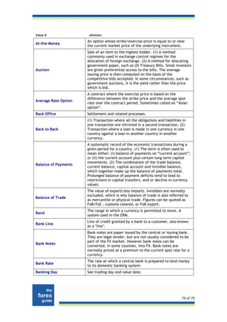Value D                efinition

                      An option whose strike/exercise price is equal to or near
At-the-Money
                      the current market price of the underlying instrument.
                      Sale of an item to the highest bidder. (1) A method
                      commonly used in exchange control regimes for the
                      allocation of foreign exchange. (2) A method for allocating
                      government paper, such as US Treasury Bills. Small investors
Auction               are given preferential access to the bills. The average
                      issuing price is then computed on the basis of the
                      competitive bids accepted. In some circumstances, such as
                      government auctions, it is the yield rather than the price
                      which is bid.
                      A contract where the exercise price is based on the
                      difference between the strike price and the average spot
Average Rate Option
                      rate over the contract period. Sometimes called an “Asian
                      option”.
Back Office           Settlement and related processes.
                      (1) Transaction where all the obligations and liabilities in
                      one transaction are mirrored in a second transaction. (2)
Back to Back          Transaction where a loan is made in one currency in one
                      country against a loan in another country in another
                      currency.
                      A systematic record of the economic transactions during a
                      given period for a country. (1) The term is often used to
                      mean either: (i) balance of payments on “current account”;
                      or (ii) the current account plus certain long term capital
                      movements. (2) The combination of the trade balance,
Balance of Payments
                      current balance, capital account and invisible balance,
                      which together make up the balance of payments total.
                      Prolonged balance of payment deficits tend to lead to
                      restrictions in capital transfers, and or decline in currency
                      values.
                      The value of exports less imports. Invisibles are normally
                      excluded, which is why balance of trade is also referred to
Balance of Trade
                      as mercantile or physical trade. Figures can be quoted as
                      FoB/FaS , customs cleared, or FoB export.
                      The range in which a currency is permitted to move. A
Band
                      system used in the ERM.
                      Line of credit granted by a bank to a customer, also known
Bank Line
                      as a "line".
                      Bank notes are paper issued by the central or issuing bank.
                      They are legal tender, but are not usually considered to be
                      part of the FX market. However bank notes can be
Bank Notes
                      converted, in some counties, into FX. Bank notes are
                      normally priced at a premium to the current spot rate for a
                      currency.
                      The rate at which a central bank is prepared to lend money
Bank Rate
                      to its domestic banking system.
Banking Day           See trading day and value date.




                                                                               79 of 79
 