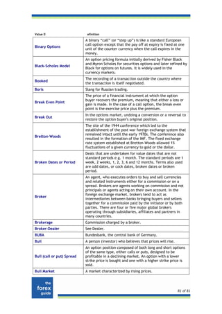 Value D                      efinition

                            A binary “call” (or “step up”) is like a standard European
                            call option except that the pay off at expiry is fixed at one
Binary Options
                            unit of the counter currency when the call expires in the
                            money.
                            An option pricing formula initially derived by Fisher Black
                            and Myron Scholes for securities options and later refined by
Black-Scholes Model
                            Black for options on futures. It is widely used in the
                            currency markets.
                            The recording of a transaction outside the country where
Booked
                            the transaction is itself negotiated.
Boris                       Slang for Russian trading.
                            The price of a financial instrument at which the option
                            buyer recovers the premium, meaning that either a loss or
Break Even Point
                            gain is made. In the case of a call option, the break even
                            point is the exercise price plus the premium.
                            In the options market, undoing a conversion or a reversal to
Break Out
                            restore the option buyer's original position.
                            The site of the 1944 conference which led to the
                            establishment of the post war foreign exchange system that
                            remained intact until the early 1970s. The conference also
Bretton-Woods
                            resulted in the formation of the IMF. The fixed exchange
                            rate system established at Bretton-Woods allowed 1%
                            fluctuations of a given currency to gold or the dollar.
                            Deals that are undertaken for value dates that are not
                            standard periods e.g. 1 month. The standard periods are 1
Broken Dates or Period      week, 2 weeks, 1, 2, 3, 6 and 12 months. Terms also used
                            are odd dates, or cock dates, broken dates or broken
                            period.
                            An agent, who executes orders to buy and sell currencies
                            and related instruments either for a commission or on a
                            spread. Brokers are agents working on commission and not
                            principals or agents acting on their own account. In the
                            foreign exchange market, brokers tend to act as
Broker
                            intermediaries between banks bringing buyers and sellers
                            together for a commission paid by the initiator or by both
                            parties. There are four or five major global brokers
                            operating through subsidiaries, affiliates and partners in
                            many countries.
Brokerage                   Commission charged by a broker.
Broker-Dealer               See Dealer.
BUBA                        Bundesbank, the central bank of Germany.
Bull                        A person (investor) who believes that prices will rise.
                            An option position composed of both long and short options
                            of the same type, either calls or puts, designed to be
Bull (call or put) Spread   profitable in a declining market. An option with a lower
                            strike price is bought and one with a higher strike price is
                            sold.
Bull Market                 A market characterized by rising prices.




                                                                                      81 of 81
 
