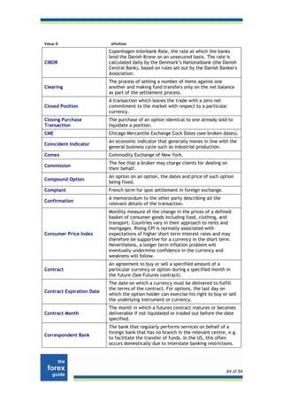 Value D                     efinition

                           Copenhagen Interbank Rate, the rate at which the banks
                           lend the Danish Krone on an unsecured basis. The rate is
CIBOR                      calculated daily by the Denmark’s Nationalbank (the Danish
                           Central Bank), based on rules set out by the Danish Banker's
                           Association.
                           The process of setting a number of items against one
Clearing                   another and making fund transfers only on the net balance
                           as part of the settlement process.
                           A transaction which leaves the trade with a zero net
Closed Position            commitment to the market with respect to a particular
                           currency.
Closing Purchase           The purchase of an option identical to one already sold to
Transaction                liquidate a position.
CME                        Chicago Mercantile Exchange Cock Dates (see broken dates).
                           An economic indicator that generally moves in line with the
Coincident Indicator
                           general business cycle such as industrial production.
Comex                      Commodity Exchange of New York.
                           The fee that a broker may charge clients for dealing on
Commission
                           their behalf.
                           An option on an option, the dates and price of such option
Compound Option
                           being fixed.
Comptant                   French term for spot settlement in foreign exchange.
                           A memorandum to the other party describing all the
Confirmation
                           relevant details of the transaction.
                           Monthly measure of the change in the prices of a defined
                           basket of consumer goods including food, clothing, and
                           transport. Countries vary in their approach to rents and
                           mortgages. Rising CPI is normally associated with
Consumer Price Index       expectations of higher short term interest rates and may
                           therefore be supportive for a currency in the short term.
                           Nevertheless, a longer term inflation problem will
                           eventually undermine confidence in the currency and
                           weakness will follow.
                           An agreement to buy or sell a specified amount of a
Contract                   particular currency or option during a specified month in
                           the future (See Futures contract).
                           The date on which a currency must be delivered to fulfill
                           the terms of the contract. For options, the last day on
Contract Expiration Date
                           which the option holder can exercise his right to buy or sell
                           the underlying instrument or currency.
                           The month in which a futures contract matures or becomes
Contract Month             deliverable if not liquidated or traded out before the date
                           specified.
                           The bank that regularly performs services on behalf of a
                           foreign bank that has no branch in the relevant centre, e.g.
Correspondent Bank
                           to facilitate the transfer of funds. In the US, this often
                           occurs domestically due to interstate banking restrictions.




                                                                                   84 of 84
 
