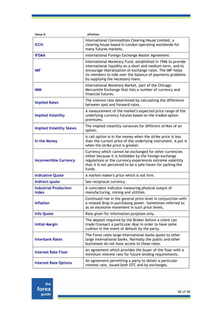 Value D                     efinition

                           International Commodities Clearing House Limited, a
ICCH                       clearing house based in London operating worldwide for
                           many futures markets.
IFEMA                      International Foreign Exchange Master Agreement.
                           International Monetary Fund, established in 1946 to provide
                           international liquidity on a short and medium term, and to
IMF                        encourage liberalization of exchange rates. The IMF helps
                           its members to tide over the balance of payments problems
                           by supplying the necessary loans.
                           International Monetary Market, part of the Chicago
IMM                        Mercantile Exchange that lists a number of currency and
                           financial futures.
                           The interest rate determined by calculating the difference
Implied Rates
                           between spot and forward rates.
                           A measurement of the market's expected price range of the
Implied Volatility         underlying currency futures based on the traded option
                           premiums.
                           The implied volatility variances for different strikes of an
Implied Volatility Skews
                           option.
                           A call option is in the money when the strike price is less
In the Money               than the current price of the underlying instrument. A put is
                           when the strike price is greater.
                           Currency which cannot be exchanged for other currencies
                           either because it is forbidden by the foreign exchange
Inconvertible Currency     regulations or the currency experiences extreme volatility
                           that it is not perceived to be a safe haven for parking the
                           funds.
Indicative Quote           A market-maker's price which is not firm.
Indirect quote             See reciprocal currency.
Industrial Production      A coincident indicator measuring physical output of
Index                      manufacturing, mining and utilities.
                           Continued rise in the general price level in conjunction with
Inflation                  a related drop in purchasing power. Sometimes referred to
                           as an excessive movement in such price levels.
Info Quote                 Rate given for information purposes only.
                           The deposit required by the Broker before a client can
Initial Margin             trade/transact a particular deal in order to have some
                           cushion in the event of default by the party.
                           The Forex rates large international banks quote to other
Interbank Rates            large international banks. Normally the public and other
                           businesses do not have access to these rates.
                           An agreement which provides the buyer of the floor with a
Interest Rate Floor
                           minimum interest rate for future lending requirements.
                           An agreement permitting a party to obtain a particular
Interest Rate Options
                           interest rate, issued both OTC and by exchanges.




                                                                                    96 of 96
 