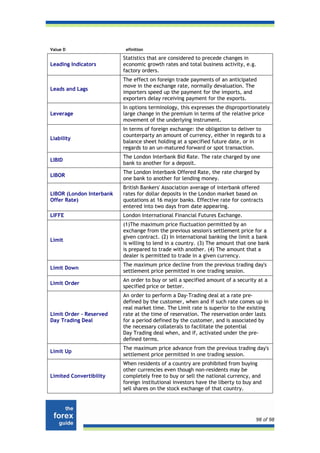 Value D                    efinition

                          Statistics that are considered to precede changes in
Leading Indicators        economic growth rates and total business activity, e.g.
                          factory orders.
                          The effect on foreign trade payments of an anticipated
                          move in the exchange rate, normally devaluation. The
Leads and Lags
                          importers speed up the payment for the imports, and
                          exporters delay receiving payment for the exports.
                          In options terminology, this expresses the disproportionately
Leverage                  large change in the premium in terms of the relative price
                          movement of the underlying instrument.
                          In terms of foreign exchange: the obligation to deliver to
                          counterparty an amount of currency, either in regards to a
Liability
                          balance sheet holding at a specified future date, or in
                          regards to an un-matured forward or spot transaction.
                          The London Interbank Bid Rate. The rate charged by one
LIBID
                          bank to another for a deposit.
                          The London Interbank Offered Rate, the rate charged by
LIBOR
                          one bank to another for lending money.
                          British Bankers' Association average of interbank offered
LIBOR (London Interbank   rates for dollar deposits in the London market based on
Offer Rate)               quotations at 16 major banks. Effective rate for contracts
                          entered into two days from date appearing.
LIFFE                     London International Financial Futures Exchange.
                          (1)The maximum price fluctuation permitted by an
                          exchange from the previous session's settlement price for a
                          given contract. (2) In international banking the limit a bank
Limit
                          is willing to lend in a country. (3) The amount that one bank
                          is prepared to trade with another. (4) The amount that a
                          dealer is permitted to trade in a given currency.
                          The maximum price decline from the previous trading day's
Limit Down
                          settlement price permitted in one trading session.
                          An order to buy or sell a specified amount of a security at a
Limit Order
                          specified price or better.
                          An order to perform a Day-Trading deal at a rate pre-
                          defined by the customer, when and if such rate comes up in
                          real market time. The Limit rate is superior to the existing
Limit Order – Reserved    rate at the time of reservation. The reservation order lasts
Day Trading Deal          for a period defined by the customer, and is associated by
                          the necessary collaterals to facilitate the potential
                          Day Trading deal when, and if, activated under the pre-
                          defined terms.
                          The maximum price advance from the previous trading day's
Limit Up
                          settlement price permitted in one trading session.
                          When residents of a country are prohibited from buying
                          other currencies even though non-residents may be
Limited Convertibility    completely free to buy or sell the national currency, and
                          foreign institutional investors have the liberty to buy and
                          sell shares on the stock exchange of that country.




                                                                                  98 of 98
 