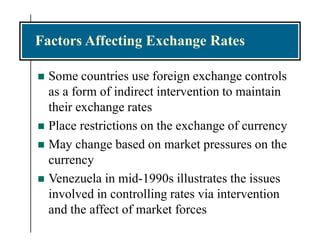 Factors Affecting Exchange Rates
 Some countries use foreign exchange controls
as a form of indirect intervention to maintain
their exchange rates
 Place restrictions on the exchange of currency
 May change based on market pressures on the
currency
 Venezuela in mid-1990s illustrates the issues
involved in controlling rates via intervention
and the affect of market forces
 