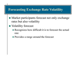 Forecasting Exchange Rate Volatility
 Market participants forecast not only exchange
rates but also volatility
 Volatility forecast
 Recognizes how difficult it is to forecast the actual
rate
 Provides a range around the forecast
 