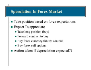 Speculation In Forex Market
 Take position based on forex expectations
 Expect To appreciate
 Take long position (buy)
 Forward contract to buy
 Buy forex currency futures contract
 Buy forex call options
 Action taken if depreciation expected??
 