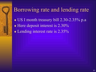 Borrowing rate and lending rate US I month treasury bill 2.30-2.35% p.a  Here deposit interest is 2.30% Lending interest rate is 2.35% 