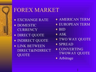 1
FOREX MARKET
♦ EXCHANGE RATE
♦ DOMESTIC
CURRENCY
♦ DIRECT QUOTE
♦ INDIRECT QUOTE
♦ LINK BETWEEN
DIRECT&INDIRECT
QUOTE
♦ AMERICAN TERM
♦ EUROPEAN TERM
♦ BID
♦ ASK
♦ TWO WAY QUOTE
♦ SPREAD
♦ CONVERTING
TWOWAY QUOTE
♦ Arbitrage
 