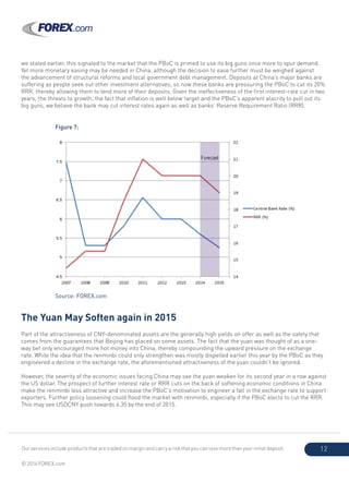 Our services include products that are traded on margin and carry a risk that you can lose more than your initial deposit.
© 2014 FOREX.com
12
we stated earlier, this signaled to the market that the PBoC is primed to use its big guns once more to spur demand.
Yet more monetary easing may be needed in China, although the decision to ease further must be weighed against
the advancement of structural reforms and local government debt management. Deposits at China’s major banks are
suffering as people seek out other investment alternatives, so now these banks are pressuring the PBoC to cut its 20%
RRR, thereby allowing them to lend more of their deposits. Given the ineffectiveness of the first interest-rate cut in two
years, the threats to growth, the fact that inflation is well below target and the PBoC’s apparent alacrity to pull out its
big guns, we believe the bank may cut interest rates again as well as banks’ Reserve Requirement Ratio (RRR).
The Yuan May Soften again in 2015
Part of the attractiveness of CNY-denominated assets are the generally high yields on offer as well as the safety that
comes from the guarantees that Beijing has placed on some assets. The fact that the yuan was thought of as a one-
way bet only encouraged more hot money into China, thereby compounding the upward pressure on the exchange
rate. While the idea that the renminbi could only strengthen was mostly dispelled earlier this year by the PBoC as they
engineered a decline in the exchange rate, the aforementioned attractiveness of the yuan couldn’t be ignored.
However, the severity of the economic issues facing China may see the yuan weaken for its second year in a row against
the US dollar. The prospect of further interest rate or RRR cuts on the back of softening economic conditions in China
make the renminbi less attractive and increase the PBoC’s motivation to engineer a fall in the exchange rate to support
exporters. Further policy loosening could flood the market with renminbi, especially if the PBoC elects to cut the RRR.
This may see USDCNY push towards 6.35 by the end of 2015.
Figure 7:
Source: FOREX.com
 